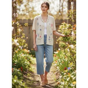 VINTAGE Alfred Dunner Cardigan Sweater Beige Embroidered Floral Butterfly